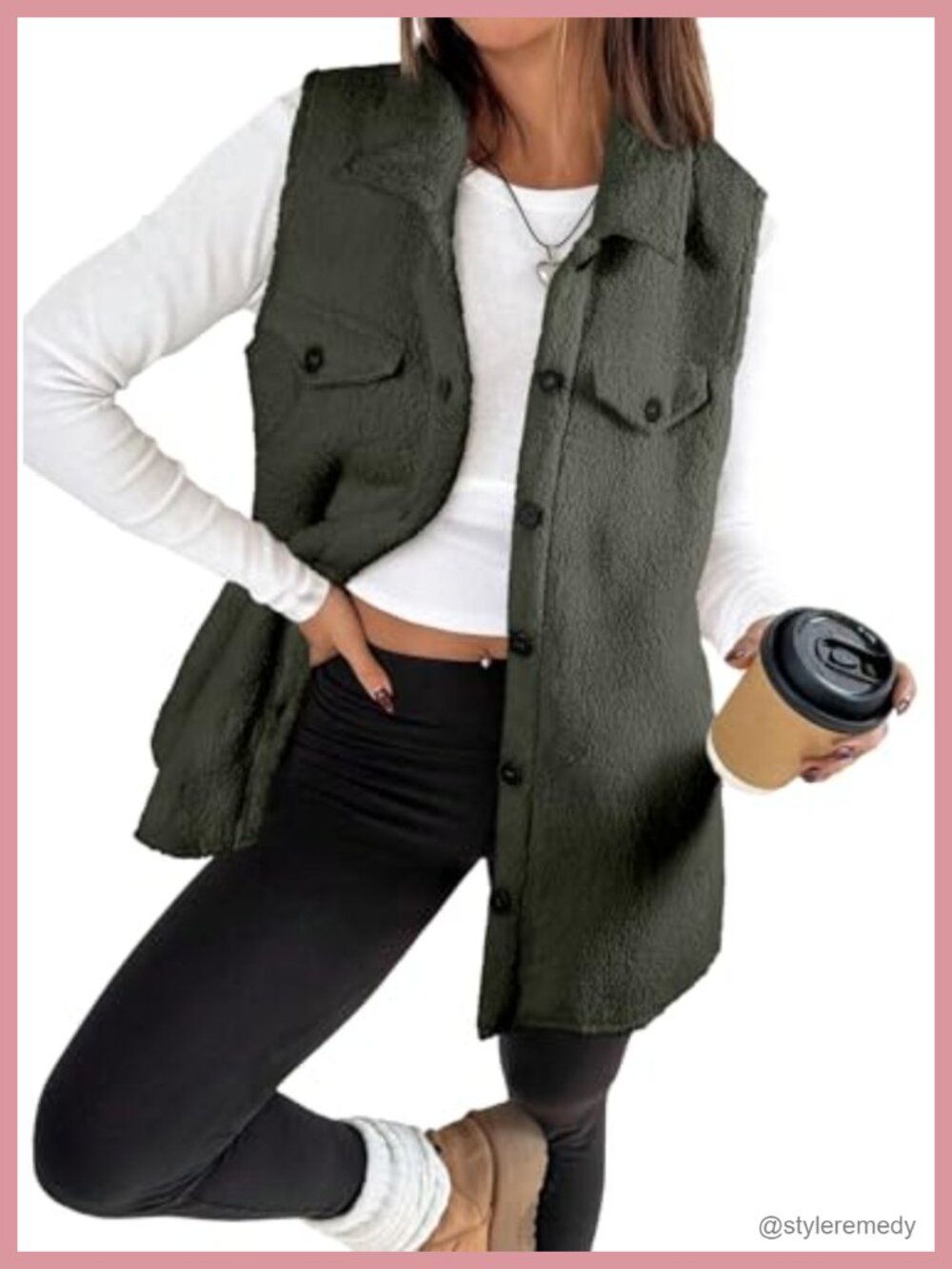 Sherpa Fleece Sleeveless Button Down Long Vest Jacket
